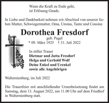 Traueranzeige von Dorothea Fresdorf (geb. Pagel)  von Magdeburger Volksstimme