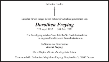 Traueranzeige von Dorothea Freytag  von Magdeburger Volksstimme