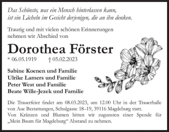 Traueranzeige von Dorothea Förster  von Magdeburger Volksstimme