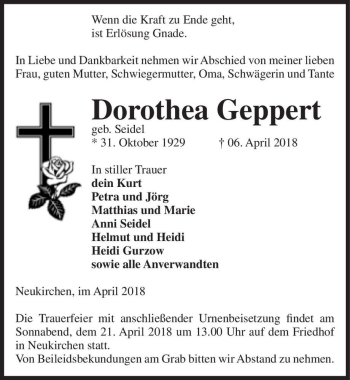 Traueranzeige von Dorothea Geppert (geb. Seidel)  von Magdeburger Volksstimme