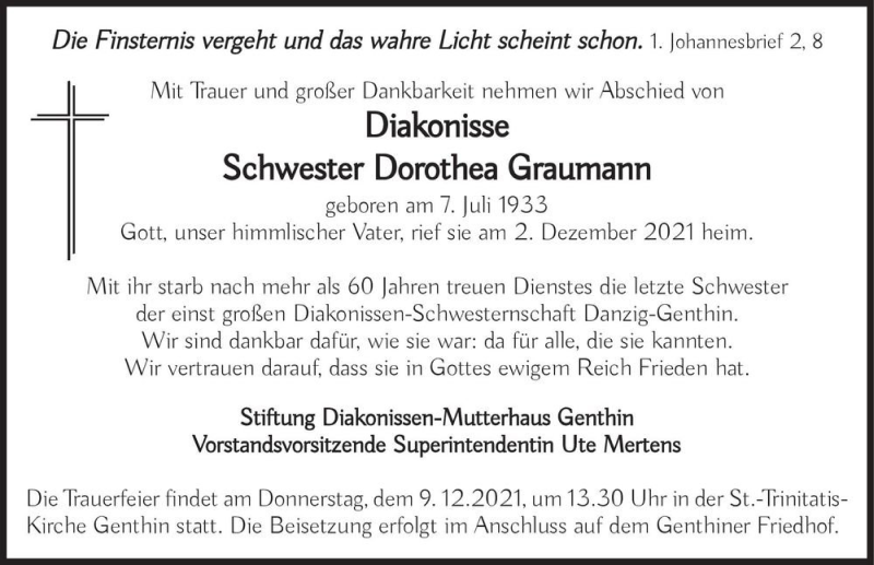  Traueranzeige für Dorothea Graumann  vom 06.12.2021 aus Magdeburger Volksstimme