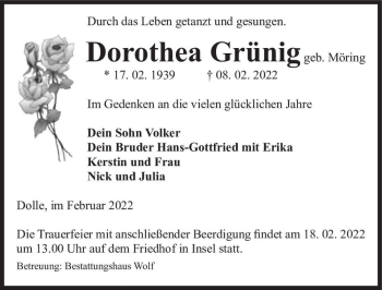 Traueranzeige von Dorothea Grünig (geb. Möring)  von Magdeburger Volksstimme