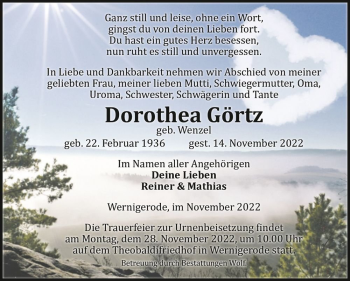 Traueranzeige von Dorothea Görtz (geb. Wenzel)  von Magdeburger Volksstimme