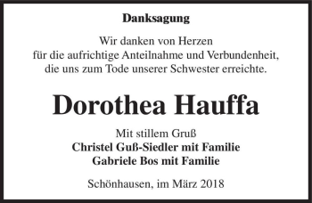 Traueranzeige von Dorothea Hauffa  von Magdeburger Volksstimme