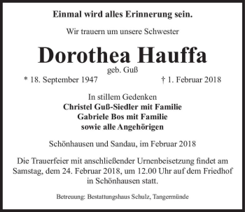 Traueranzeige von Dorothea Hauffa (geb. Guß)  von Magdeburger Volksstimme