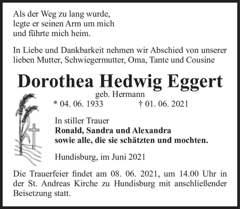  Traueranzeige für Dorothea Hedwig Eggert (geb. Hermann)  vom 05.06.2021 aus Magdeburger Volksstimme