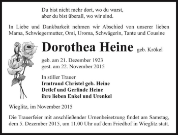 Traueranzeige von Dorothea Heine (geb. Krökel)  von Magdeburger Volksstimme