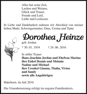 Traueranzeige von Dorothea Heinze (geb. Jordan)  von Magdeburger Volksstimme