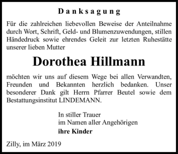 Traueranzeige von Dorothea Hillmann  von Magdeburger Volksstimme