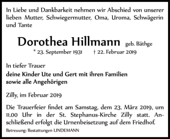 Traueranzeige von Dorothea Hillmann (geb. Bäthge)  von Magdeburger Volksstimme