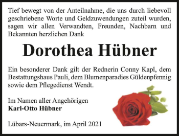 Traueranzeige von Dorothea Hübner  von Magdeburger Volksstimme