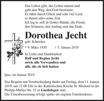 Traueranzeige von Dorothea Jecht (geb. Schricker)  von Magdeburger Volksstimme