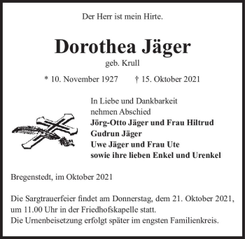 Traueranzeige von Dorothea Jäger (geb. Krull)  von Magdeburger Volksstimme