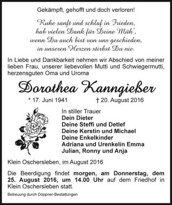 Traueranzeige von Dorothea Kanngießer  von Magdeburger Volksstimme