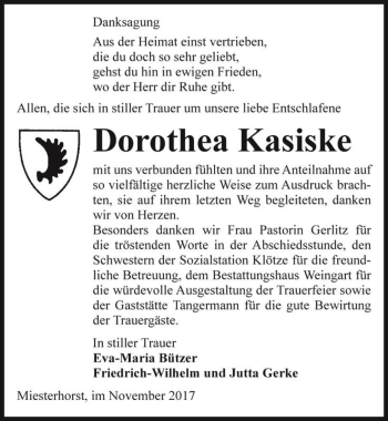 Traueranzeige von Dorothea Kasiske  von Magdeburger Volksstimme