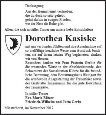 Traueranzeige von Dorothea Kasiske  von Magdeburger Volksstimme