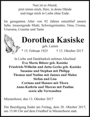 Traueranzeige von Dorothea Kasiske (geb. Lumm)  von Magdeburger Volksstimme