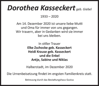 Traueranzeige von Dorothea Kasseckert (geb. Giebel)  von Magdeburger Volksstimme