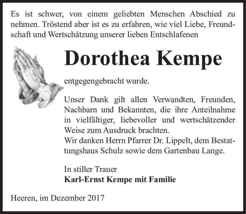  Traueranzeige für Dorothea Kempe  vom 23.12.2017 aus Magdeburger Volksstimme