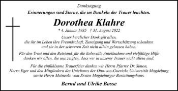 Traueranzeige von Dorothea Klahre  von Magdeburger Volksstimme
