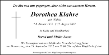 Traueranzeige von Dorothea Klahre (geb. Widdel)  von Magdeburger Volksstimme