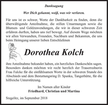 Traueranzeige von Dorothea Kolch  von Magdeburger Volksstimme