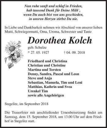 Traueranzeige von Dorothea Kolch (geb. Schulze)  von Magdeburger Volksstimme