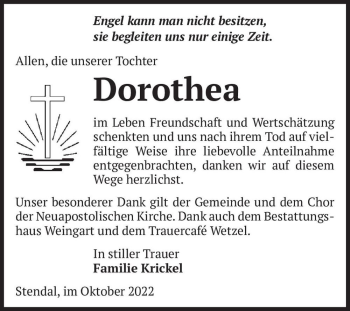 Traueranzeige von Dorothea Krickel  von Magdeburger Volksstimme