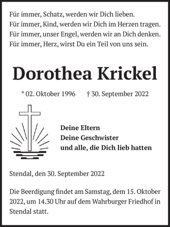 Traueranzeige von Dorothea Krickel  von Magdeburger Volksstimme