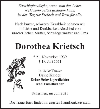 Traueranzeige von Dorothea Krietsch  von Magdeburger Volksstimme