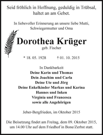 Traueranzeige von Dorothea Krüger (geb. Fischer)  von Magdeburger Volksstimme