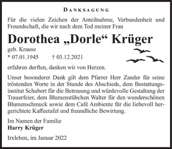 Traueranzeige von Dorothea Krüger (geb. Krause)  von Magdeburger Volksstimme