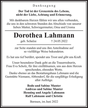 Traueranzeige von Dorothea Lahmann (geb. Schulze)  von Magdeburger Volksstimme