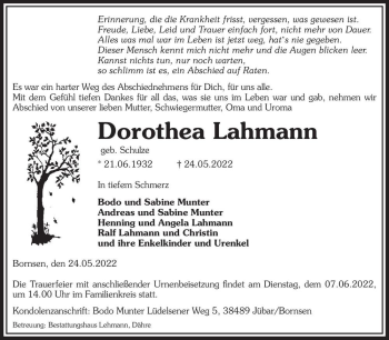 Traueranzeige von Dorothea Lahmann (geb. Schulze)  von Magdeburger Volksstimme