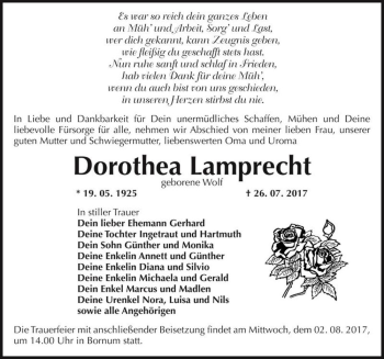 Traueranzeige von Dorothea Lamprecht (geb. Wolf)  von Magdeburger Volksstimme
