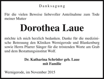 Traueranzeige von Dorothea Laue  von Magdeburger Volksstimme