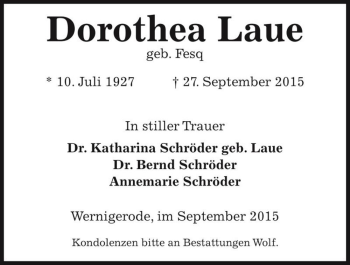 Traueranzeige von Dorothea Laue (geb. Fesq)  von Magdeburger Volksstimme