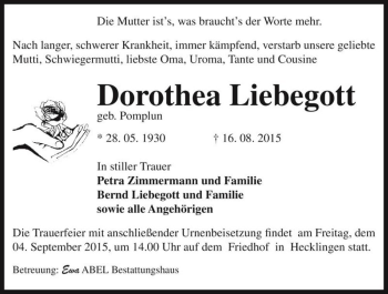 Traueranzeige von Dorothea Liebegott (geb. Pomplun)  von Magdeburger Volksstimme