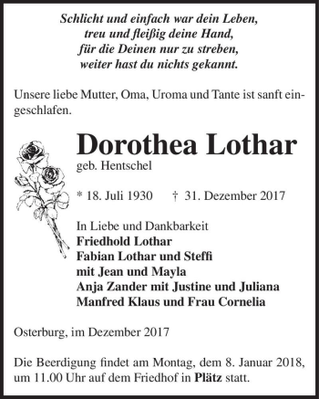 Traueranzeige von Dorothea Lothar (geb. Hentschel)  von Magdeburger Volksstimme