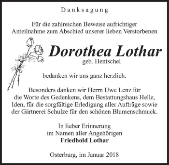 Traueranzeige von Dorothea Lothar (geb. Hentschel)  von Magdeburger Volksstimme