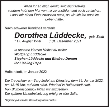 Traueranzeige von Dorothea Lüddecke (geb. Zech)  von Magdeburger Volksstimme