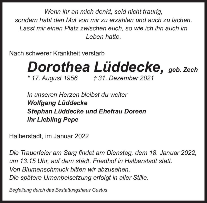  Traueranzeige für Dorothea Lüddecke (geb. Zech)  vom 15.01.2022 aus Magdeburger Volksstimme