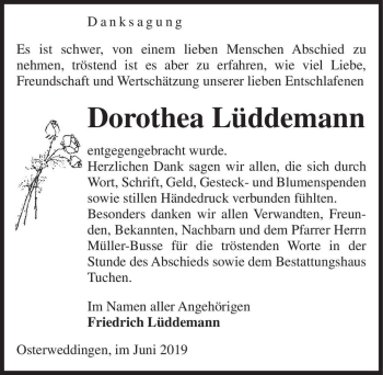 Traueranzeige von Dorothea Lüddemann  von Magdeburger Volksstimme
