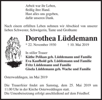 Traueranzeige von Dorothea Lüddemann  von Magdeburger Volksstimme