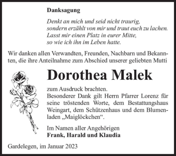 Traueranzeige von Dorothea Malek  von Magdeburger Volksstimme