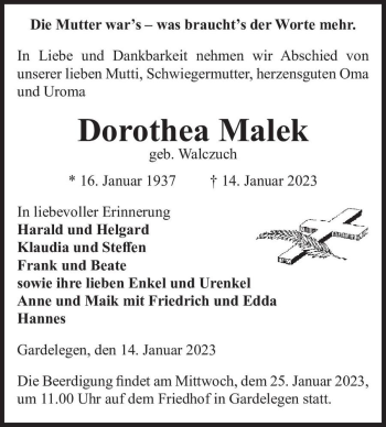 Traueranzeige von Dorothea Malek (geb. Walczuch)  von Magdeburger Volksstimme