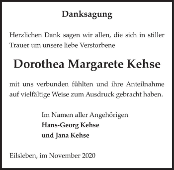 Traueranzeige von Dorothea Margarete Kehse  von Magdeburger Volksstimme