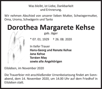 Traueranzeige von Dorothea Margarete Kehse (geb. Jäger)  von Magdeburger Volksstimme