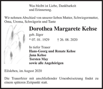 Traueranzeige von Dorothea Margarete Kehse (geb. Jäger)  von Magdeburger Volksstimme