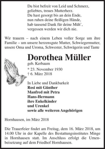 Traueranzeige von Dorothea Müller (geb. Kerbaum)  von Magdeburger Volksstimme